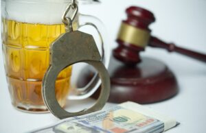 Alcohol offenses concept: A glass of whiskey next to stacks of money.